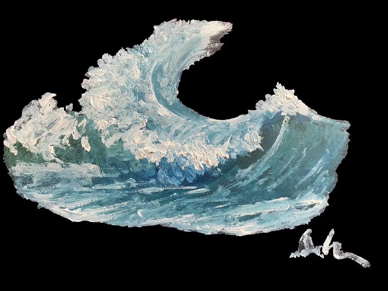 A cut-out painted ocean wave curls in pale blue, turquoise and white impasto against a transparent field.