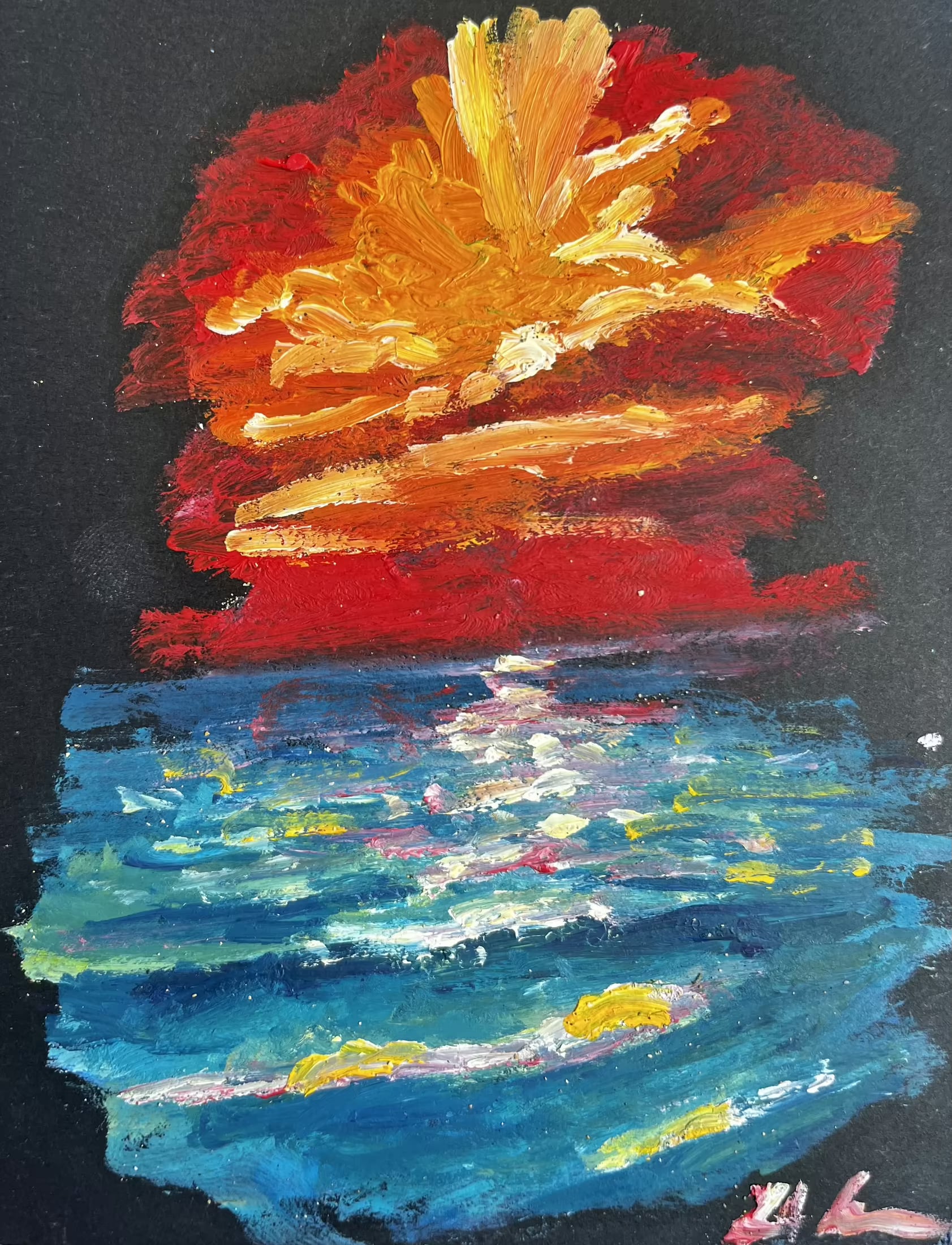 A fiery orange and yellow sun meets a blue sea under a red cloud on a small dark painting.