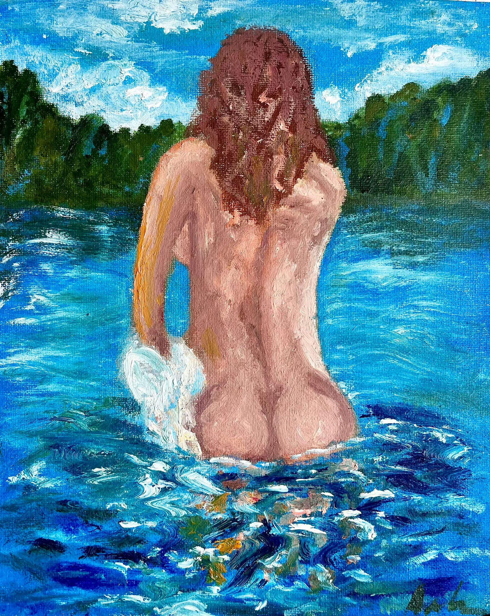 A nude figure seen from behind stands waist-deep in a vivid blue lake surrounded by green hills.