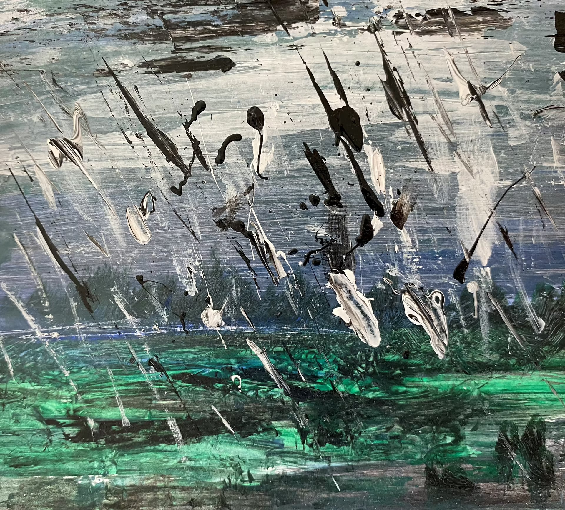 An abstract storm in grey, white and black falls in sharp vertical marks above a strip of emerald green.