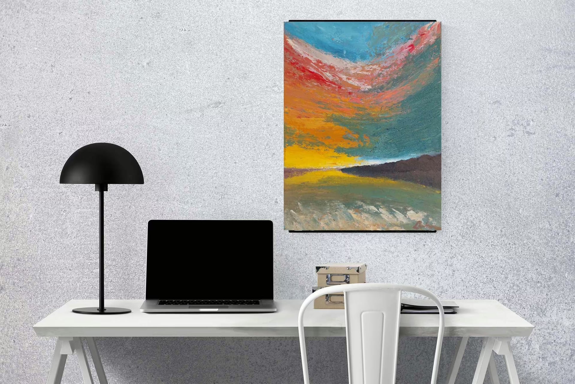 A bright abstract sunset painting hangs above a white desk in a restrained modern interior.