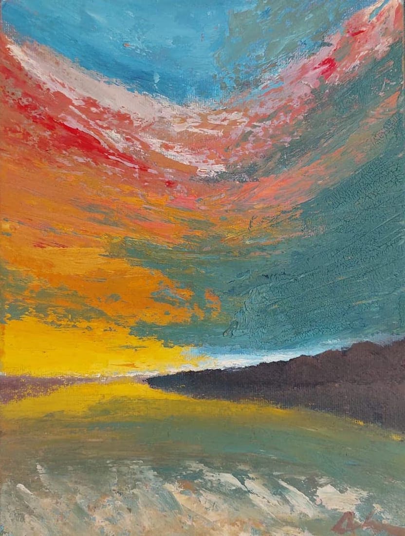 A sunset sky in thick impasto, moving from turquoise through red and orange to a yellow horizon.
