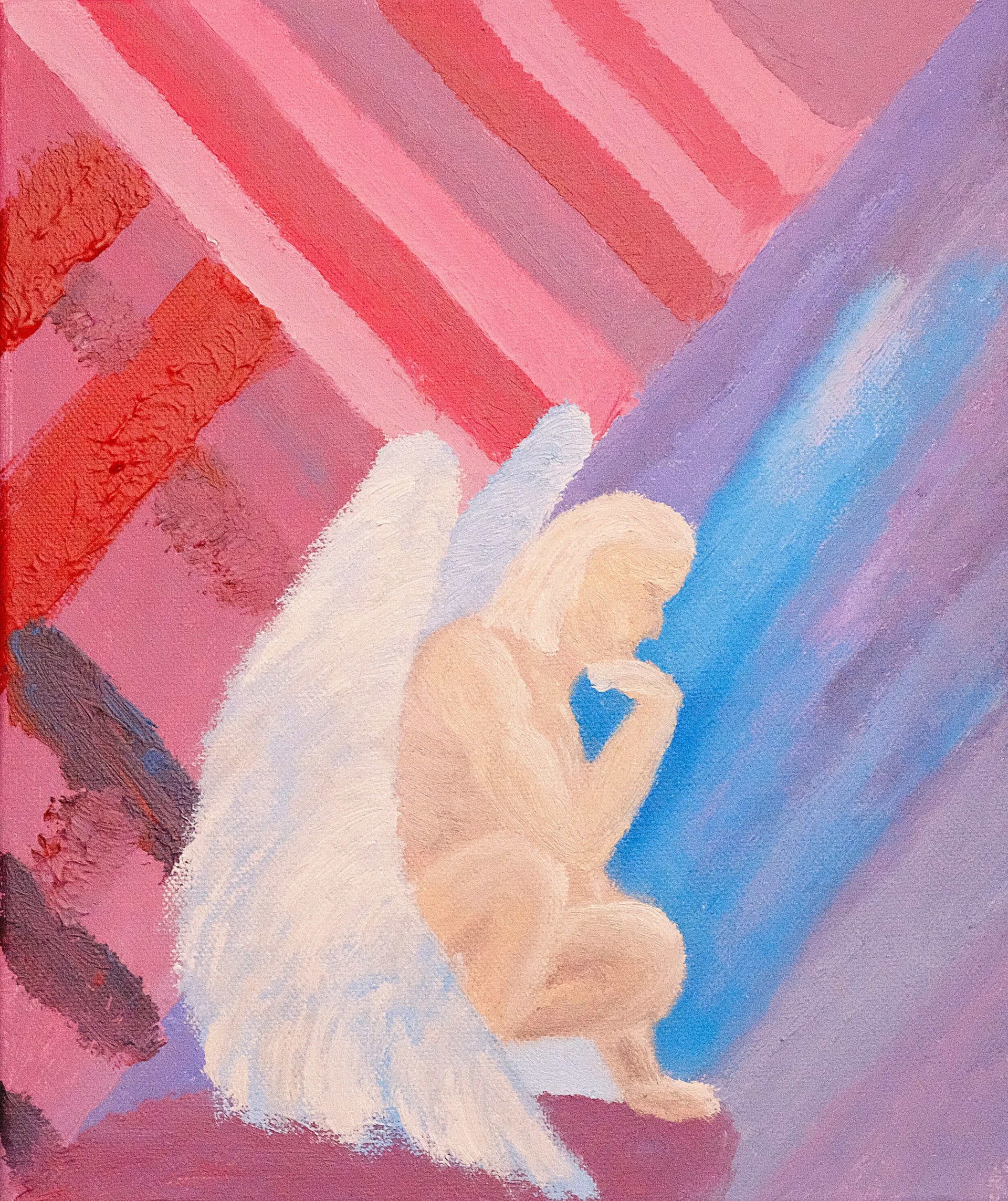 A pale angel crouches with knees drawn up and chin resting on one hand, a large white wing folded behind. The background fans out into diagonal stripes of pink, red and mauve with a band of blue at the figure's back.