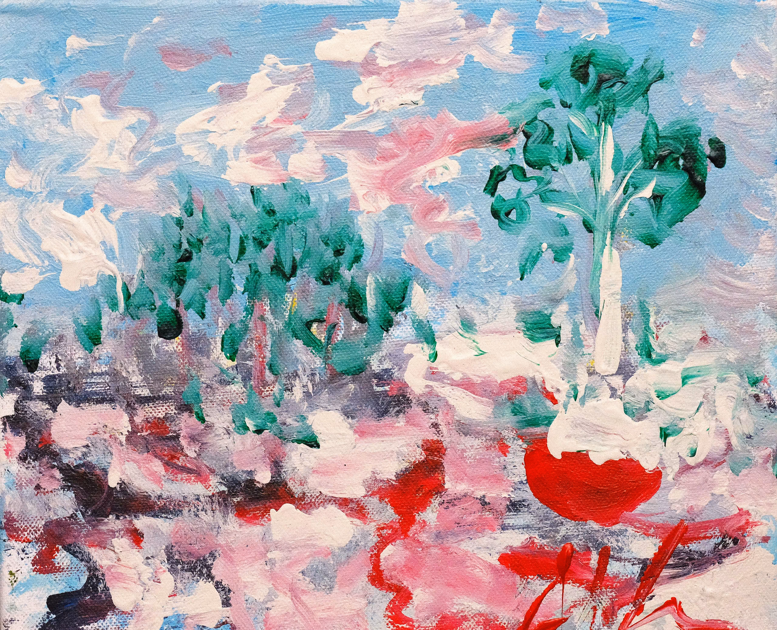A loose, thickly painted landscape: a round green tree standing over a red dome, a dark band of trees behind, and a blue sky streaked with pink and white cloud. The foreground breaks up into patches of pink, red and white.