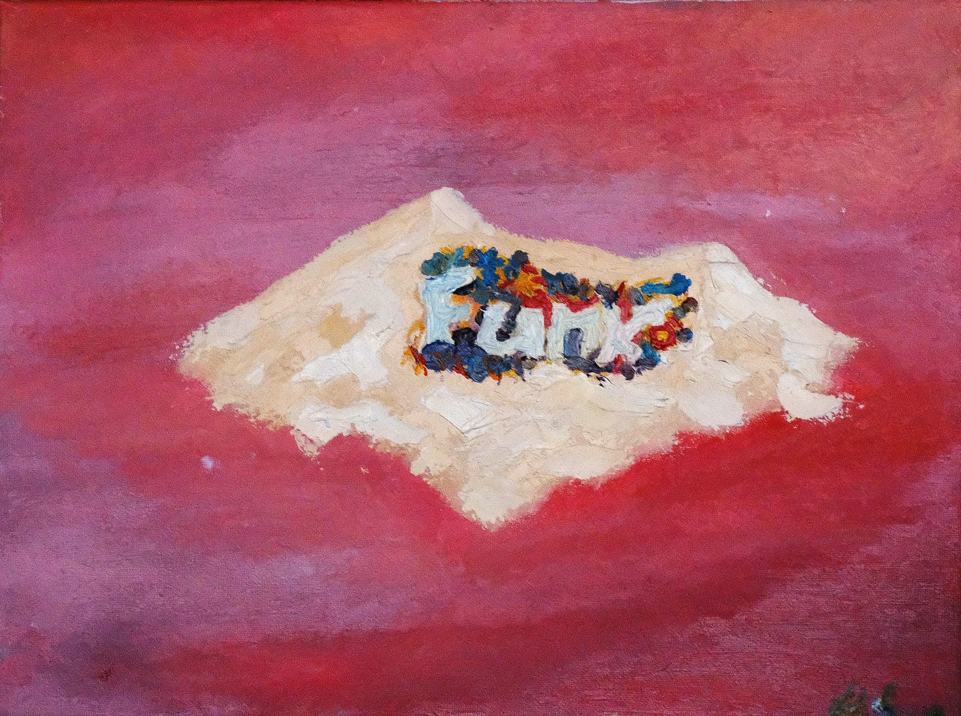 A pale cream mountain shape floats on a deep red-pink field, multicoloured graffiti lettering painted across its face in blue, orange and black.