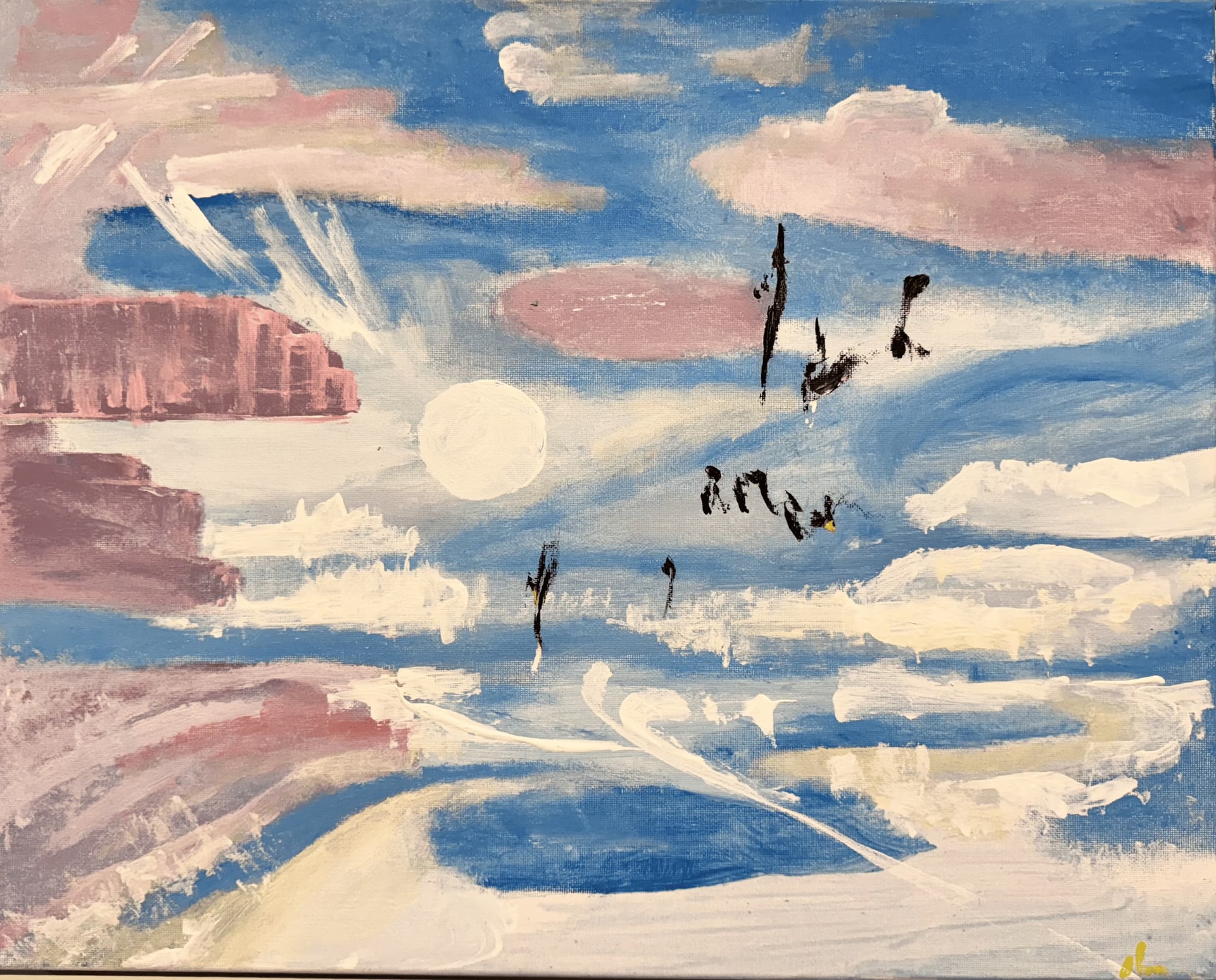 A pale white disc hangs in a blue sky streaked with white and dusky-pink cloud. A handful of black calligraphic marks scatter across the middle distance like birds.
