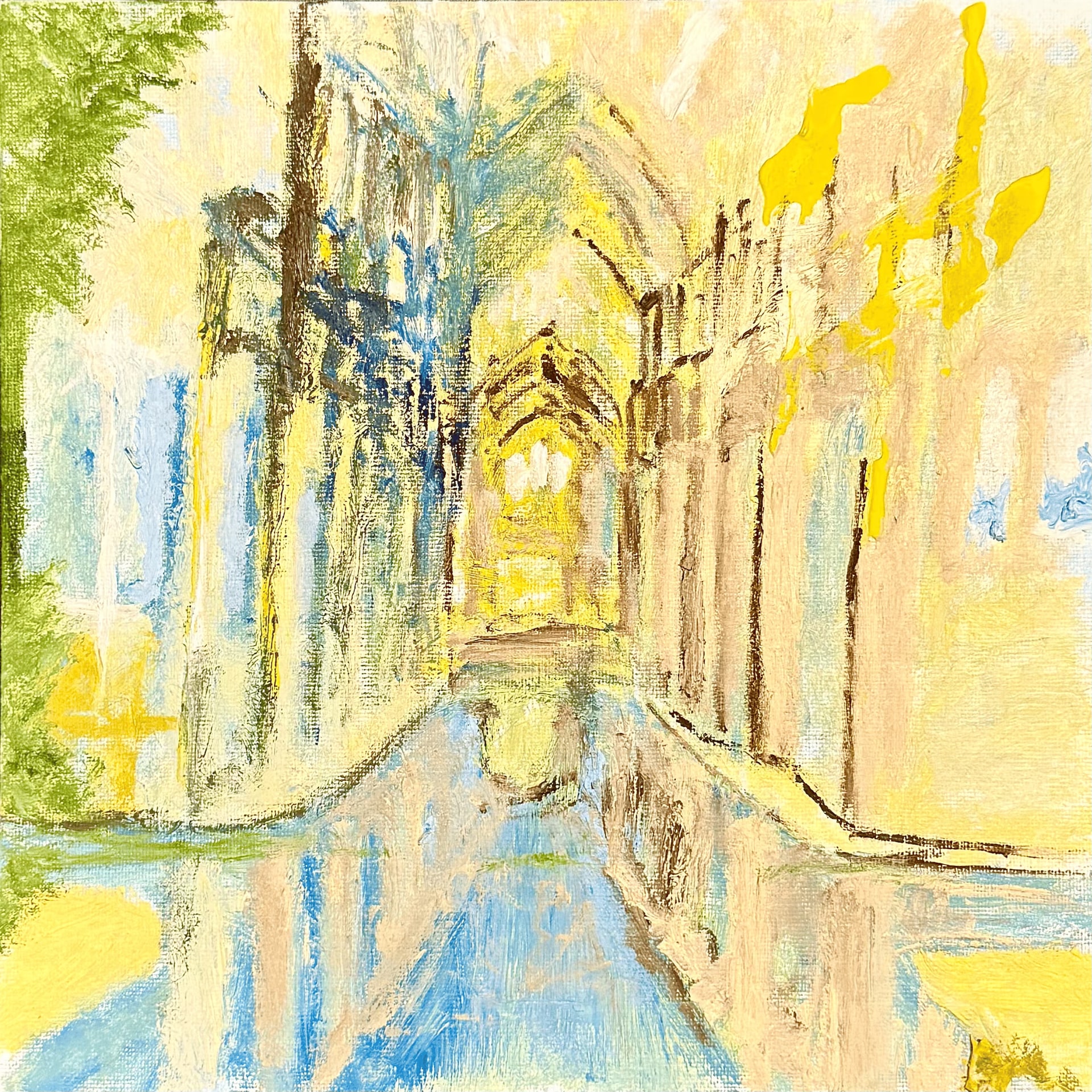 A sunlit gothic passage painted almost entirely in cream and yellow, buttresses rising on the left and a lit archway at the far end. Blue and green reflections wash across the floor and foliage crowds the top-left corner.