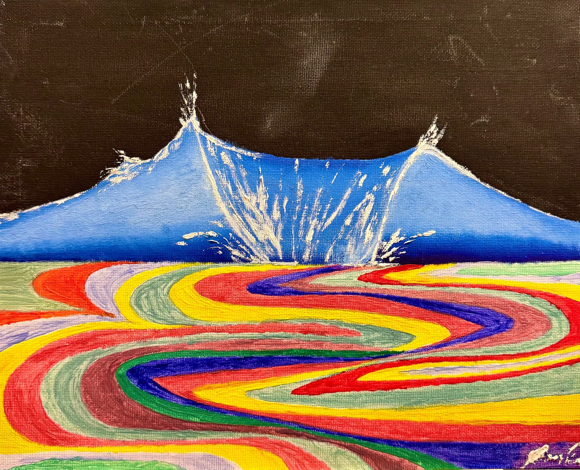 A blue wave rears against a black sky, white spray bursting from its two peaks. Beneath it the sea becomes broad ribbons of red, yellow, green, blue and violet winding to the bottom of the canvas.