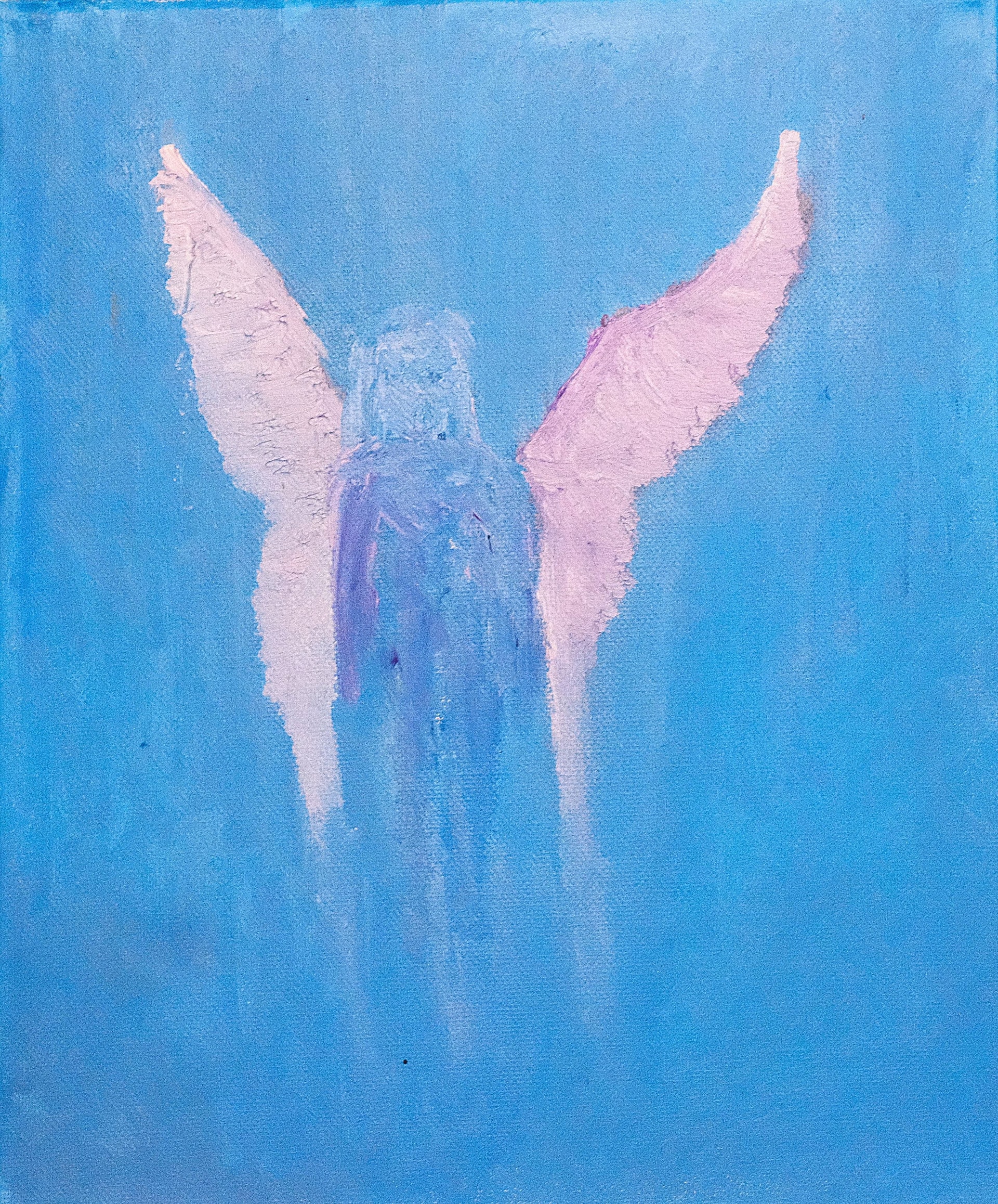 A pale winged figure rises through a saturated blue field, its body and wings softened at the edges by loose paint.