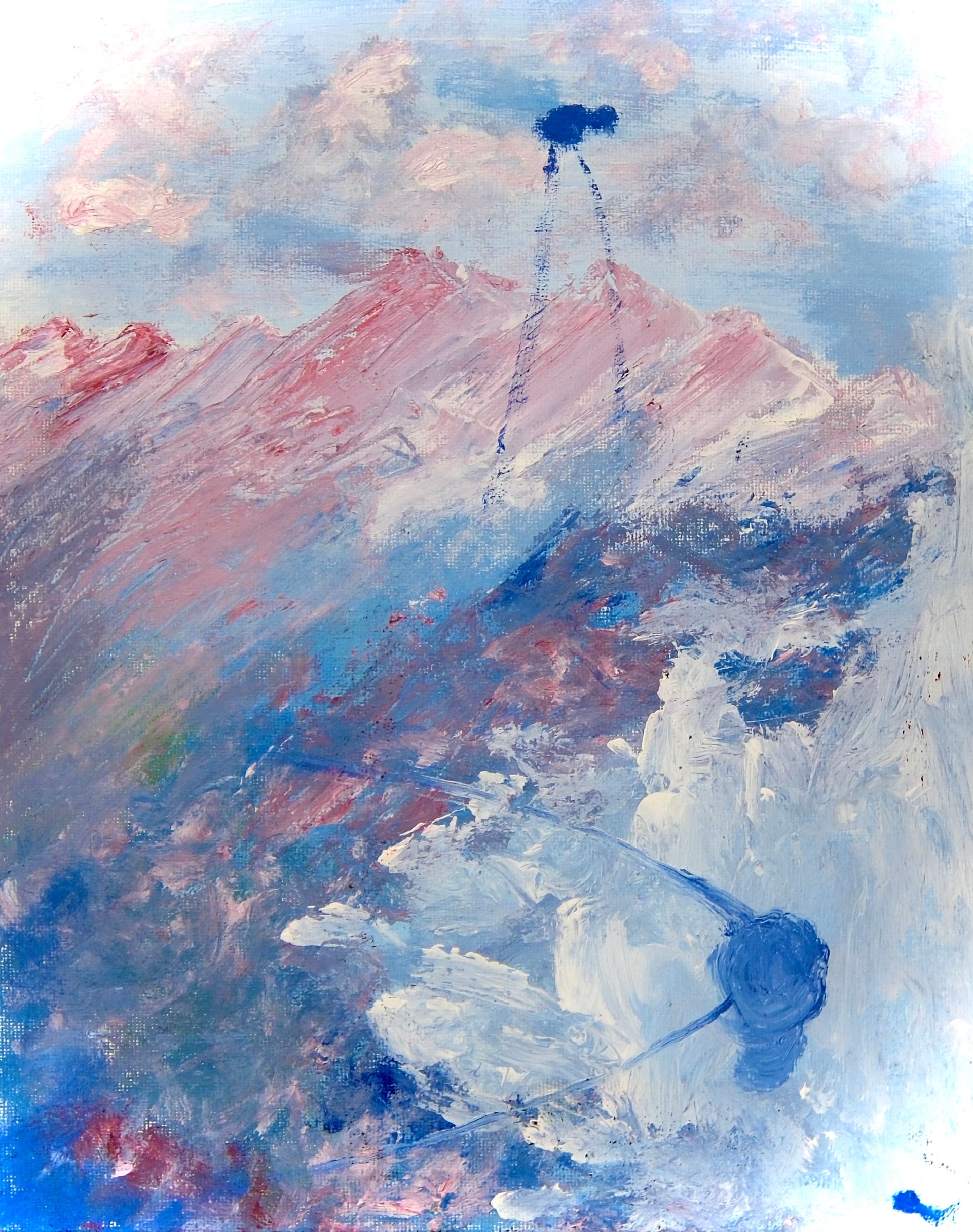 A pink and blue mountain range under a pale clouded sky, built up in loose impasto strokes. A small dark blue object hangs on thin taut lines above the ridge, as though lowering itself into the peaks.