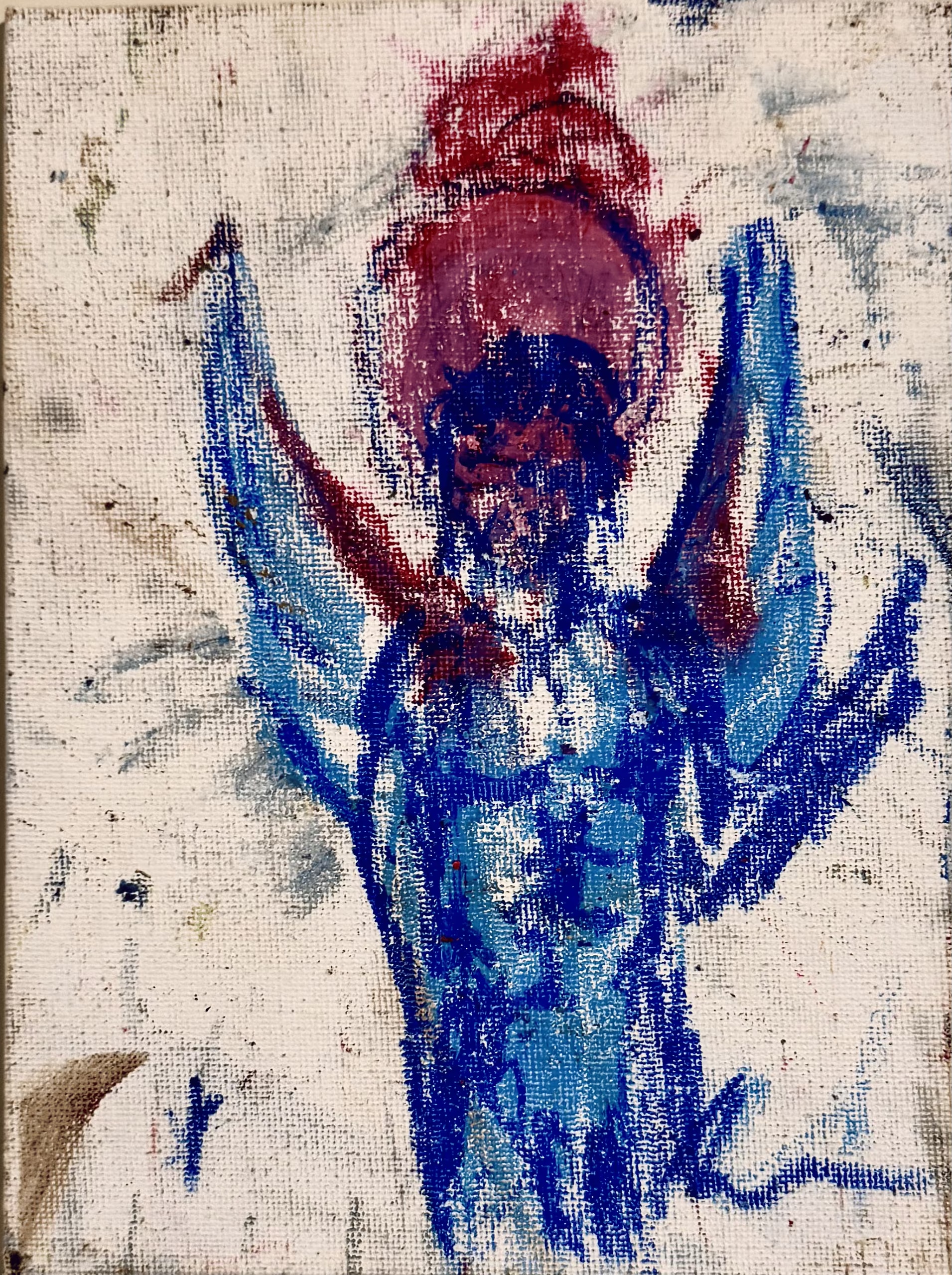 A winged figure with both arms raised, drawn in blue and turquoise oil pastel over bare, paint-flecked canvas. Its head is a dense scribble of crimson and violet.