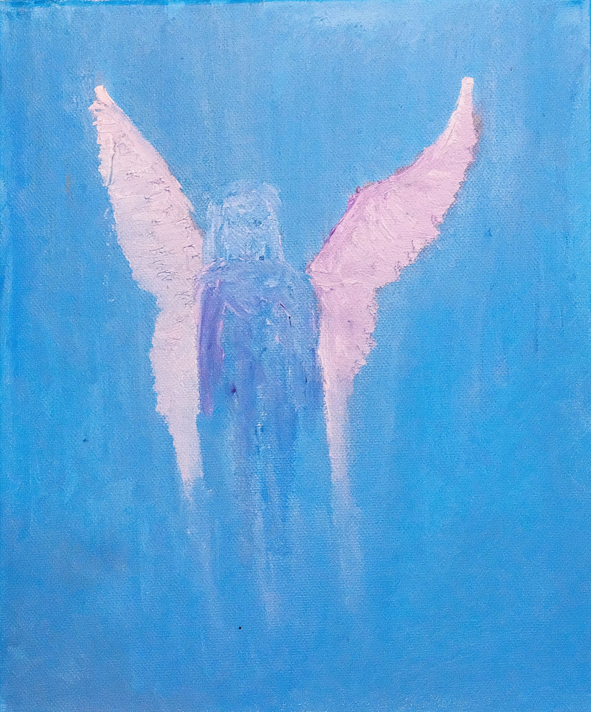 A pale figure with two upswept wings floating on a flat, saturated sky-blue ground. The body is a soft blue-violet blur and the cream and pink wings dissolve downward into the blue.