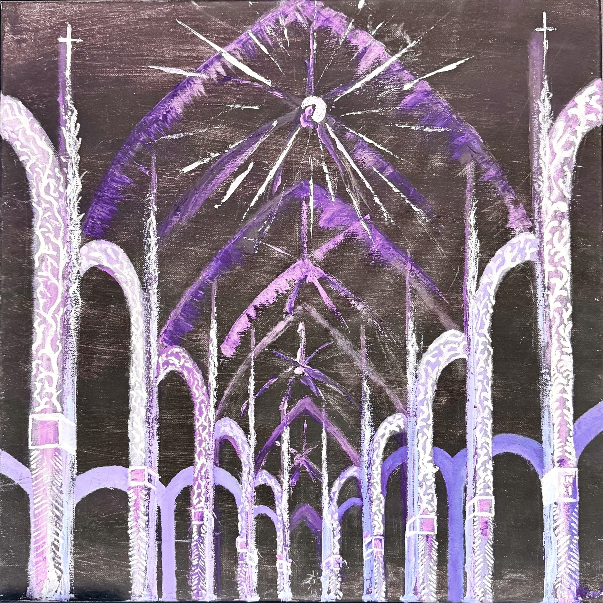 A colonnade of white and lilac gothic columns recedes into a near-black interior, their ribbed vaults meeting at a small white boss that throws out spokes of light. Two of the tallest columns are topped with crosses.