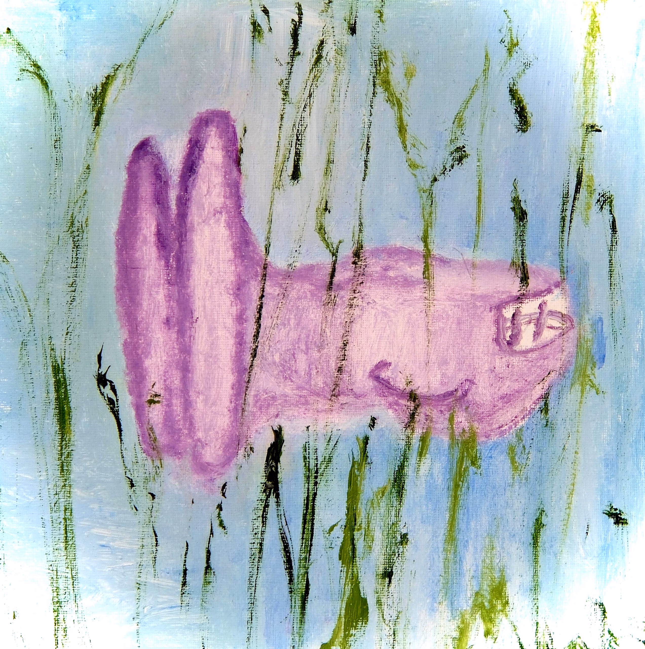 A pale lilac form resembling a car in profile floats against washed blue, a small window at its right end and two tall rounded prongs rising from its left. Green and black strokes stand around it like grass.