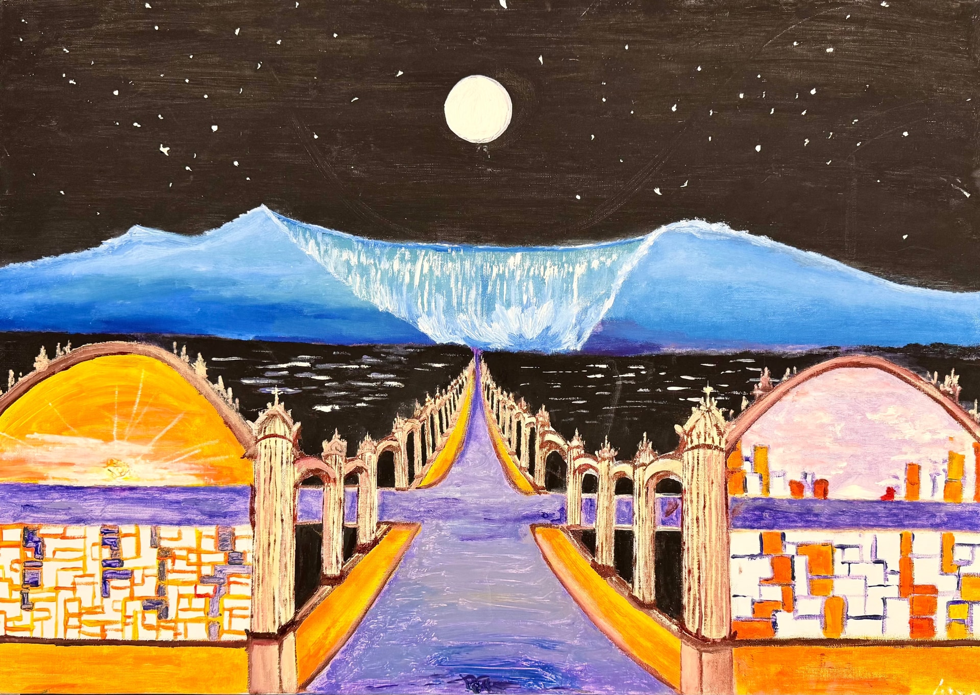 A colossal blue wave crests along the horizon under a black starry sky and a full white moon. Below it a wide causeway lined with arched gates runs straight to the vanishing point between fields of orange, purple and white blocks.