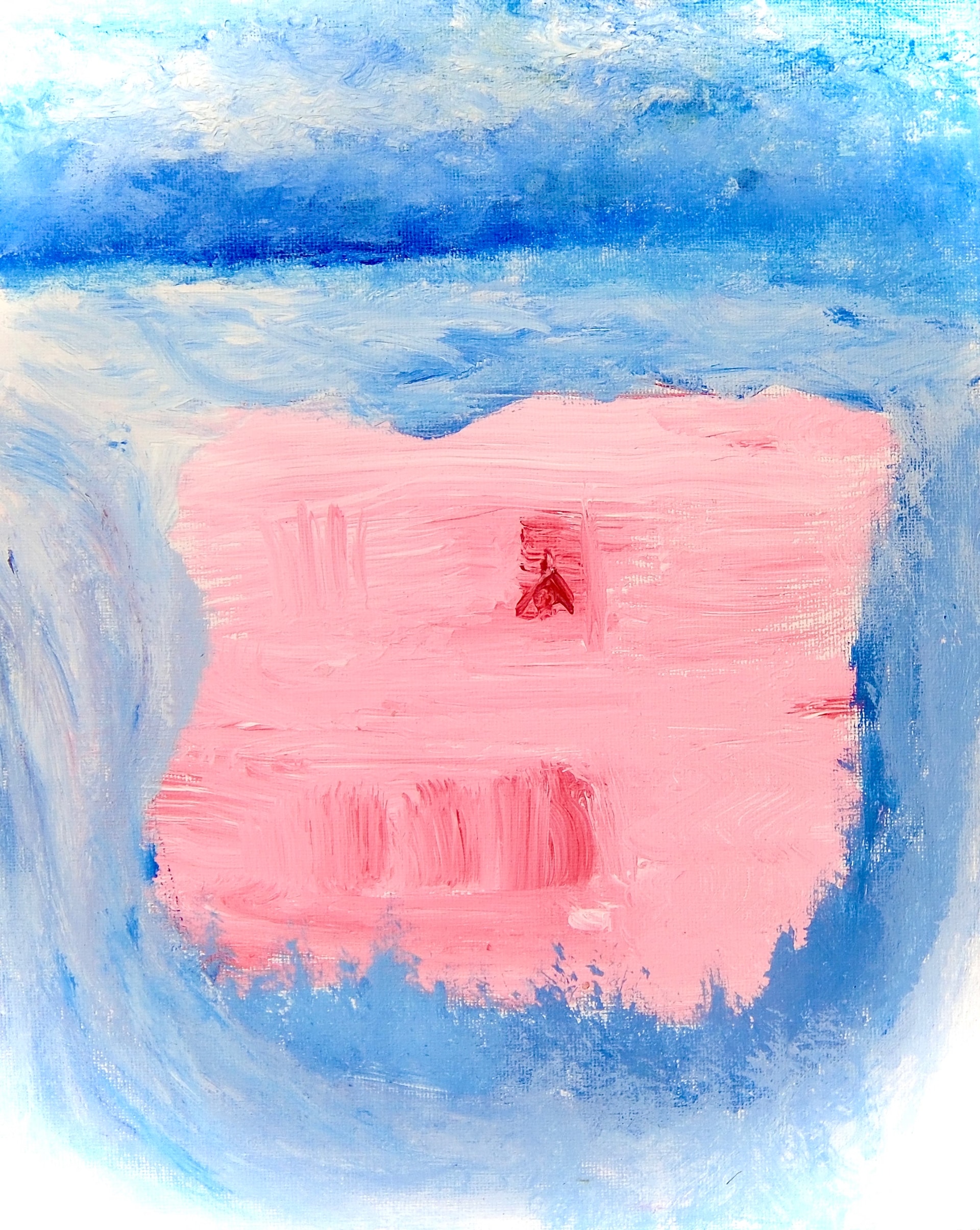 A soft pink rectangle floats at the centre of a brushy field of blue and white, its edges torn and uneven. A small dark red arrow is painted near its top.